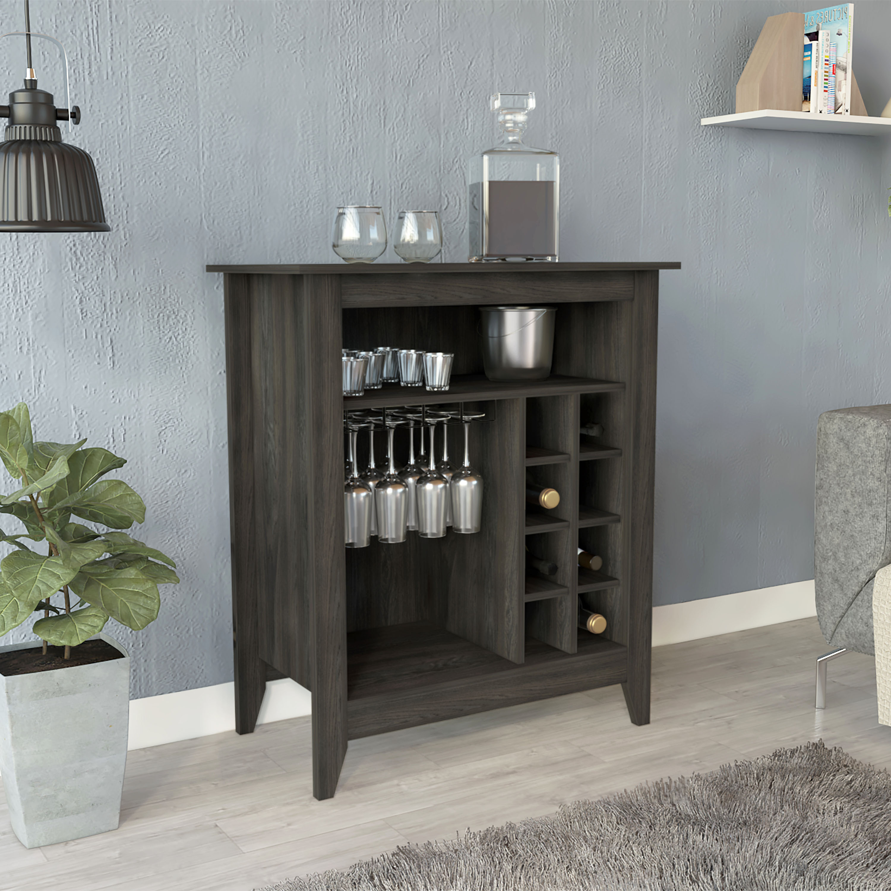 Essential Bar Cabinet, One Open Shelf, Six Built-in Wine Rack, One Drawer -Espresso